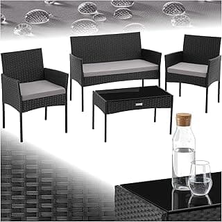 Conjunto Jardin Exterior de Ratán, Muebles Jardin Exterior para 4 Personas, Muebles Terraza con Mesa de Vidrio, Sofa Exterior y Sillas con Cojines Lavables, Sillon Cómodo - Negro