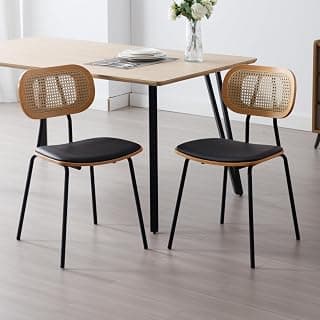 2PCS Sillas de Comedor con Asiento Cuero PU, Negro | Sillas de Cocina con Respaldo Ratán, Sillas Modernas con Patas de Metal para Mesa, Sin Brazos