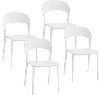 Set de 4 sillas Plástico Blanco – Apilables, sin Montaje, Fáciles de Limpiar, con Tapones Antideslizantes, para Cocina, Sala de Estar, Comedor, Exterior 41x38x77 cm, Respaldo Redondeado