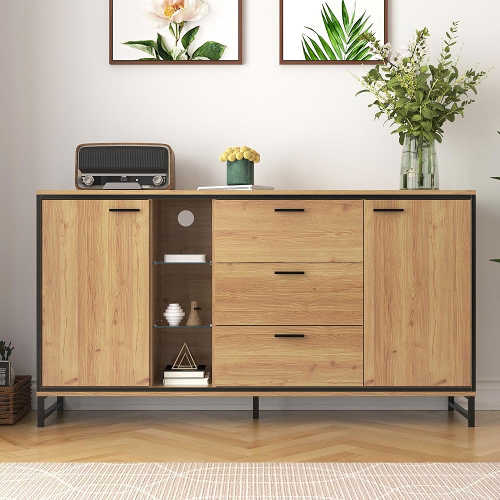 Aparador de madera con estantes Marrón y Negro