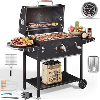 Parrilla de carbón XXL, barbacoas de carbón con tapa, barbacoa grande para balcón, jardín, exterior, barbacoa con parrilla de 71 × 43 cm/termómetro/pinzas para pescado/bandeja para barbacoa