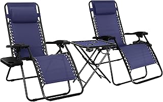 Set de 2 sillas con gravedad cero y mesa auxiliar, para en exteriores, Plegable, Soporte de cabeza, Reclinable, Acero aleado, 35 x 26 x 43 inches, de color azul
