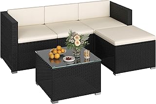 Conjunto de Muebles Ratán Muebles Jardin Exterior, Negro y Gris | Conjunto de Jardín 5 Piezas, Sofá y Taburete y 1 Mesa de Cristal, de Ratán Impermeable