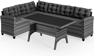 Conjunto Jardin Exterior Poliratán Comedor WPC Sillones Esquineros con Cojines Mesa 6 Personas Resistente Intemperie Muebles Salón Balcón Terraza Gris