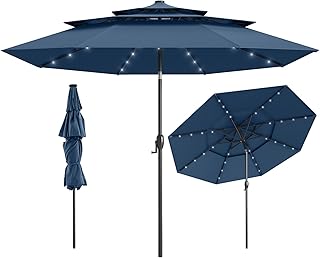 Sombrilla Terraza Exterior, Sombrilla Solar para Patio con 32 Luces LED, Techo Ventilado de 3 Niveles, Ajuste de Inclinación 35°, 8 Varillas,Parasol para Patio Jardín (Azul 300 cm, con Luz)