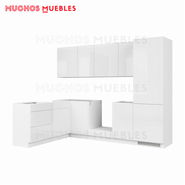 Cocina modular Muchos Muebles Line, 270x180cm (Blanco Brillo) L-forma, sin tiradores