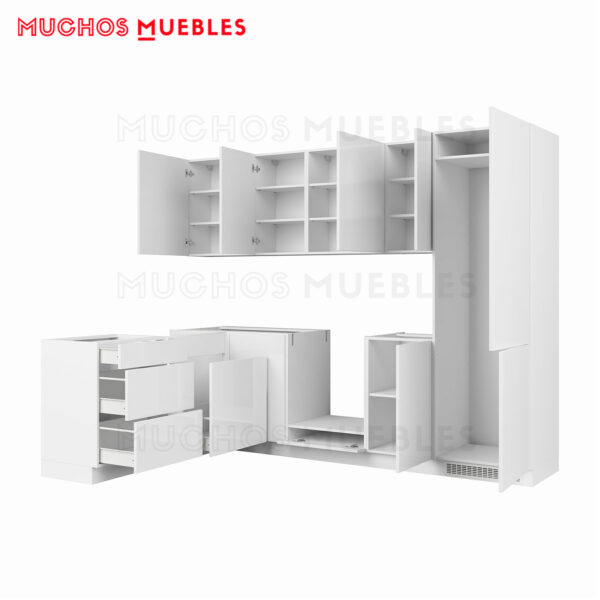 Cocina modular Muchos Muebles Line, 270x180cm (Blanco Brillo) L-forma, sin tiradores