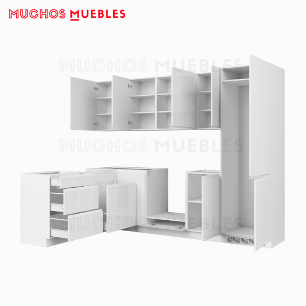 Cocina modular Muchos Muebles Line, 270x180cm (Blanco Brillo) L-forma, Los tiradores integrados