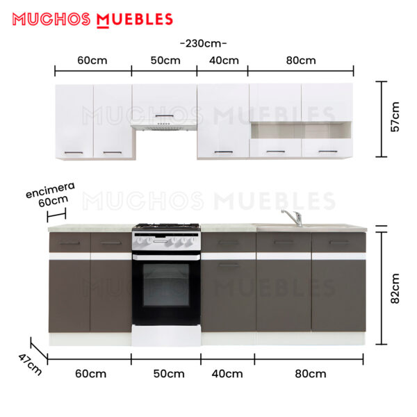 Cocina modular Muchos Muebles Line, 230cm (Gris / Blanco brillo)